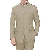 CYANDUSTY 2 Pieces Mandarin Collar Safari Suits for Men Chinese Tunic Suit Gold Button Jacket Pant Set Wedding Prom