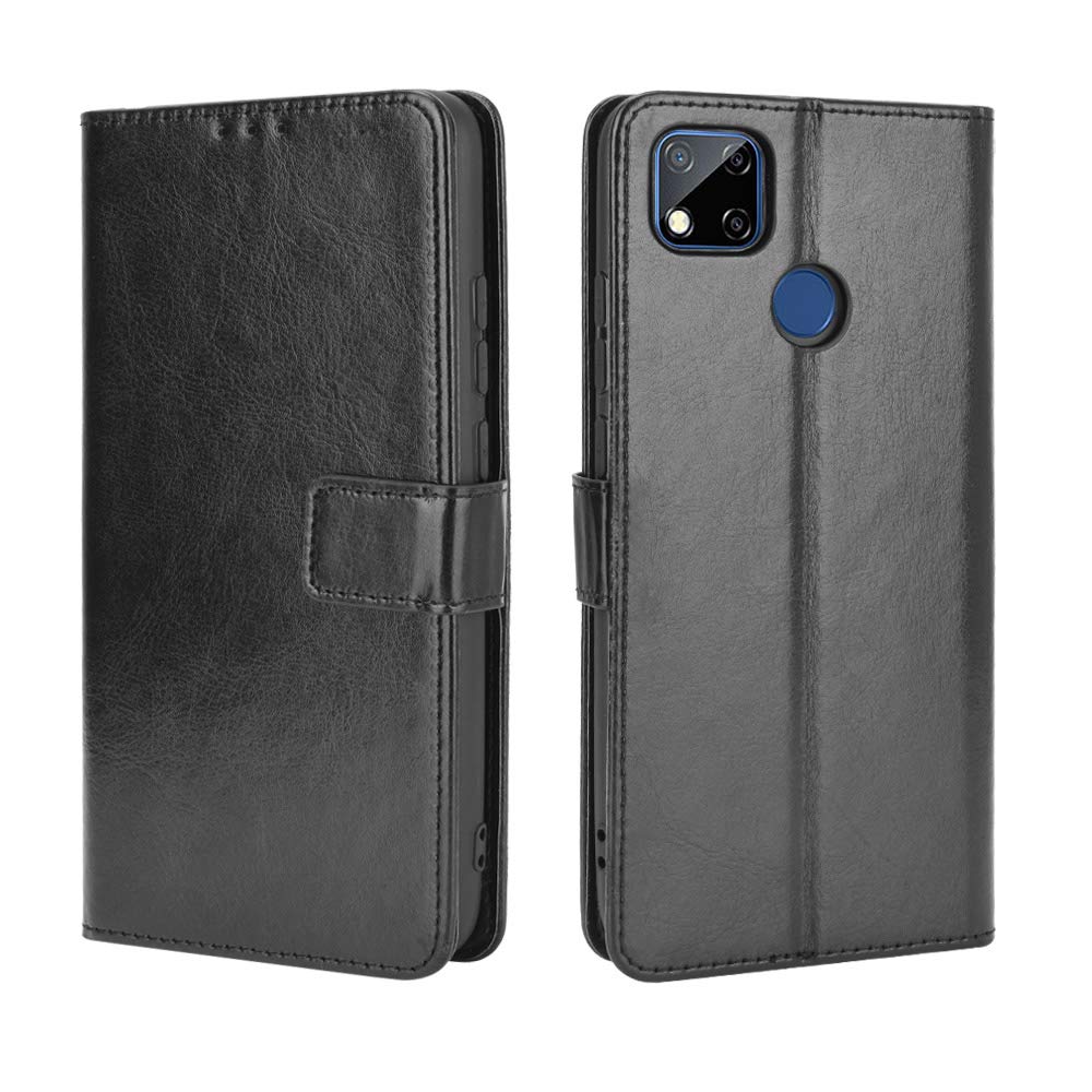 Wallet Case for Xiaomi Redmi 9C Case, Retro Style Wallet Magnetic Cover with Credit Card Slots and Flip Stand, Leather Phone Case Compatible with Xiaomi Redmi 9C, Black