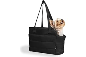 STRAODTIC Lightweight Dog Purse Carrier for Small Dogs Under 15 lbs, Puffy Quilted Pet Carrier Tote for Puppies with Safety Leash Clip, Women's Hands-Free Dog Carrier Bag for Travel/Shopping (Black)