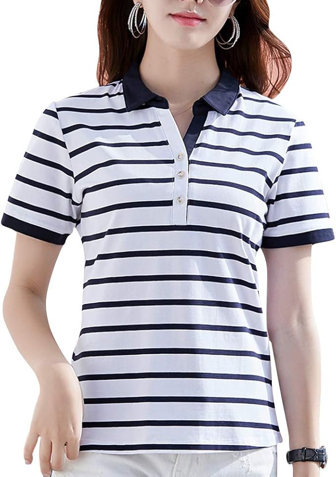 Amazon Asherangel ポロシャツ ゴルフウェア レディース 半袖 ボーダー柄 襟付き 綿 ボタン シャツ トップス カジュアル スポーツ 通気性 吸汗 Polo 春夏秋 女性用 ゴルフシャツ 通販