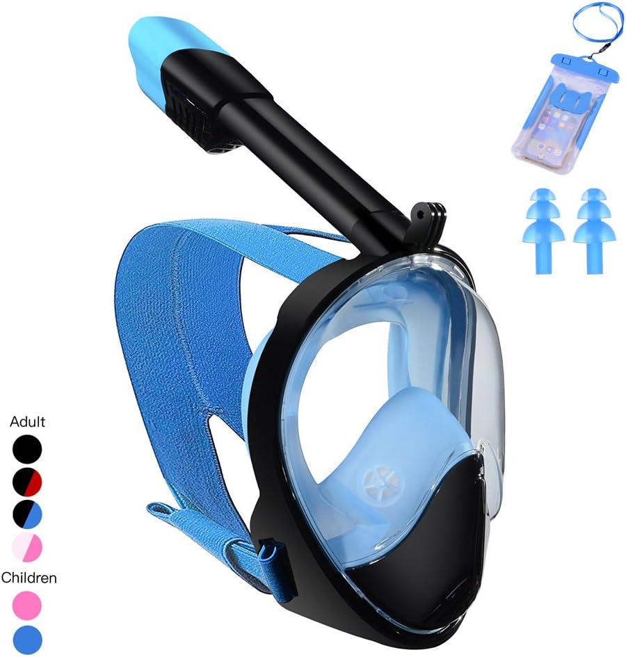 Lexbo Full Face Snorkel Mask Easy Breath Panoramic 180 View for Diving and Swimming with Dry Snorkeling Design,Anti-fog Anti-leak for Adults & Kids