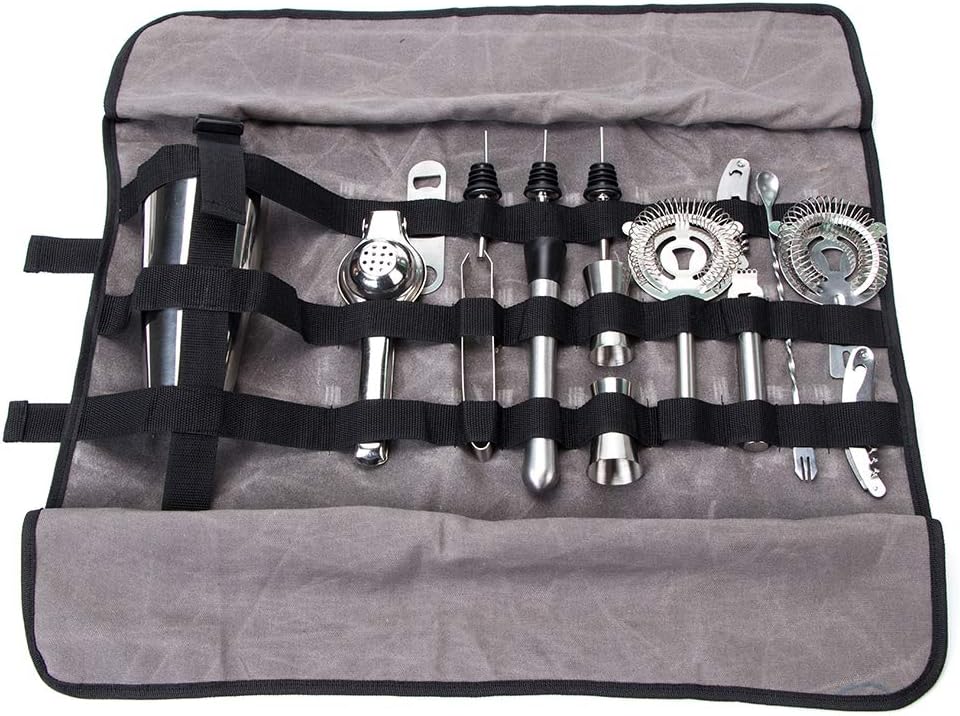 Bartender Kit Roll, Barman Work Tools Storage Bag, Bar Tool Organizer, Heavy Duty Waxed Canvas Mixology Kits Roll Up (Grey)