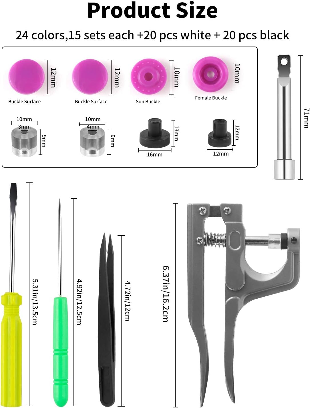 MSDADA Snaps Buttons Snap Pliers, 400 Sets 24-Colors T5 Plastic Buttons, No-Sew Starter Fasteners Kit for Sewing, Crafting, Clothing and Baby Diaper Bibs