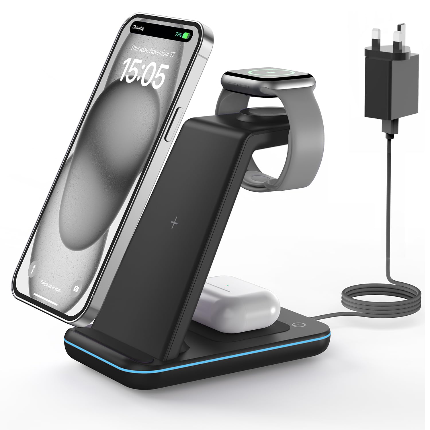 GEEKERA Wireless Charger, 3 in 1 Wireless Charging Station for iPhone Air/17/16/15/14/13/12/11/Pro Max/X/8, Phone and Watch Charger Stand for Apple Watch Ultra 3-2/11-2/SE, AirPods Pro/4/3/2, Black — image 1