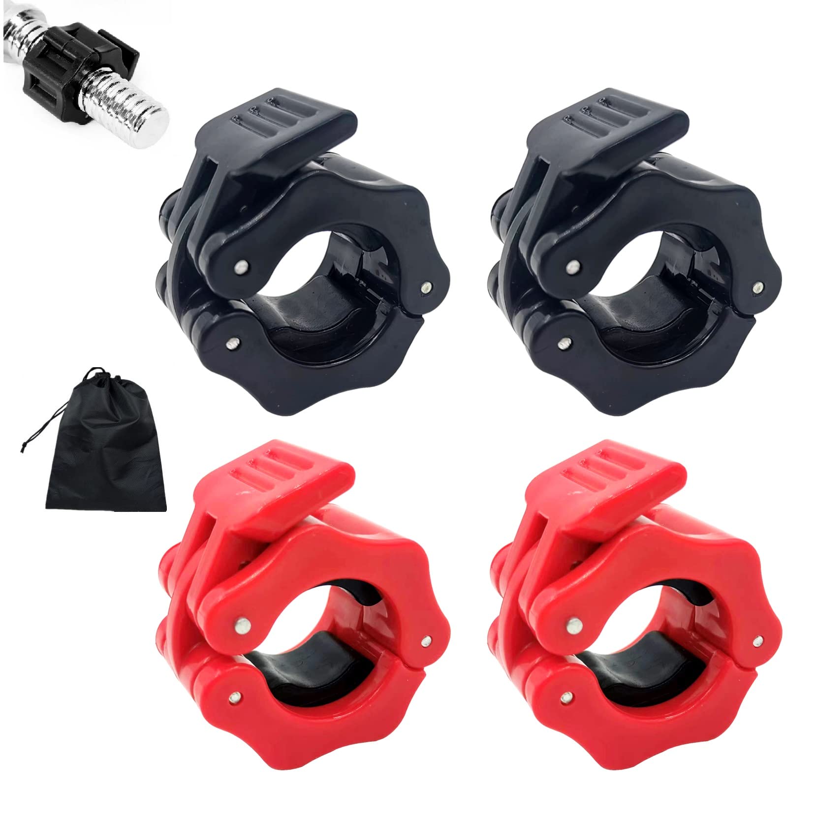 Barbell Clips 4 Pcs Barbell Clamps Comes with a Carrying Bag 1 Inch Fast Release Barbell Collar Clips,Weight Barbell Locks Collar Clips for Workout, Weightlifting,Strength Training (Red+Black)