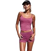 Muineobuka Women Summer Y2K Sexy Striped Pajama Set Backless Fit Strap Crop Cami Tank and micro Shorts Cute PJ Sets