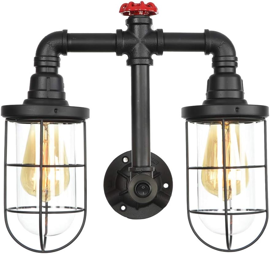 Amazon Com Yap Bar Retro Wall Light E27 Metal Cage Waterpipe Wall Lamp Rustic Iron Wrought Steampunk Lighting Fixture Matte Black Vintage Sconces Home Kitchen
