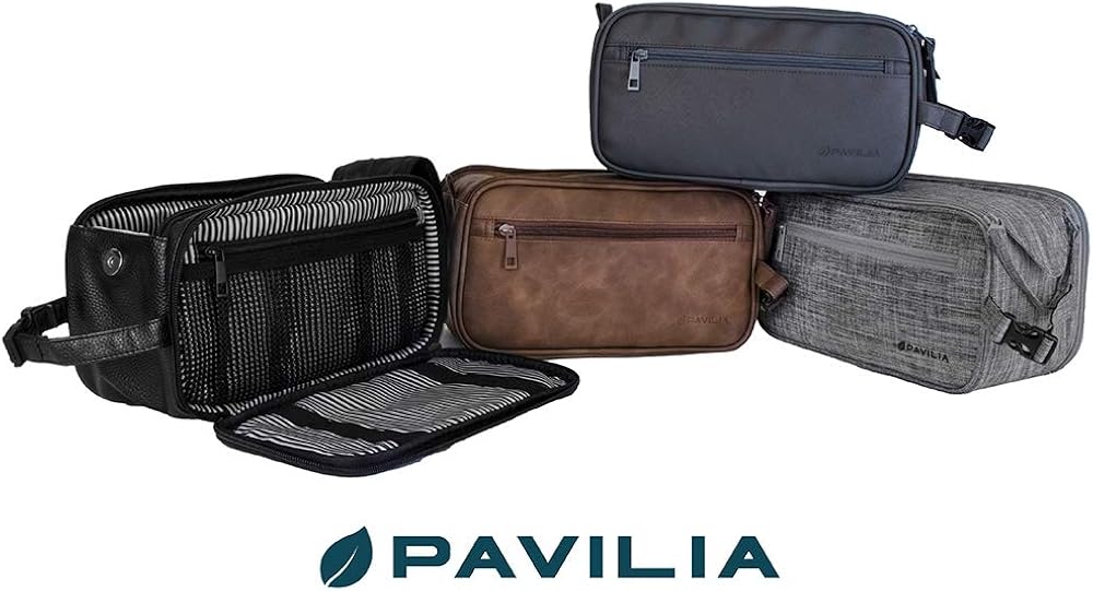 PAVILIA Toiletry Bag for Men, Travel Toiletries Bag | Water-resistant Dopp Kit, PU Leather Shaving Bag Organizer for Toiletry Accessories, Grooming, Hygiene, Cosmetic (Brown): Clothing