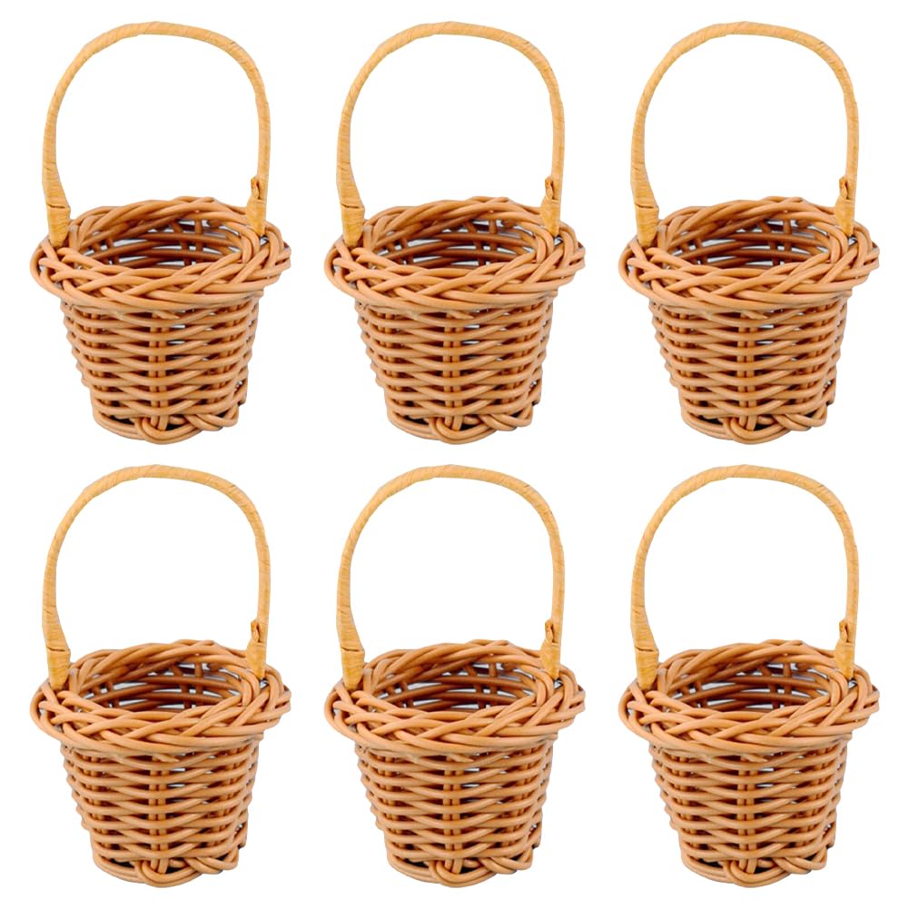 HugeDE 6 Pcs Small Rattan Craft Woven Miniature Wicker Baskets with Handles