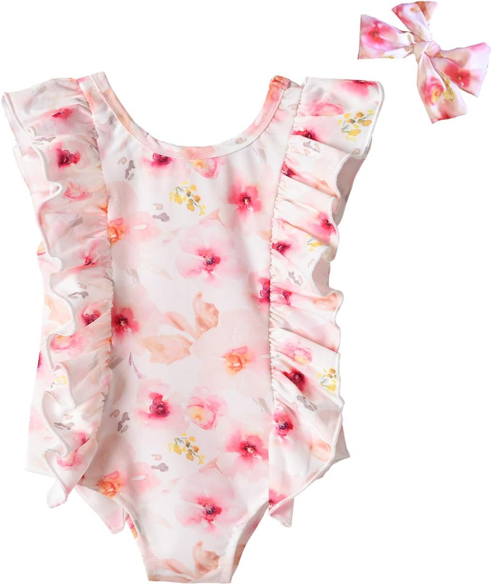 Toddler Girl Swimsuit, Baby Girls One Piece Swimsuit Ruffle Floral Swimwear Bathing Suits Beach Wear (Pink