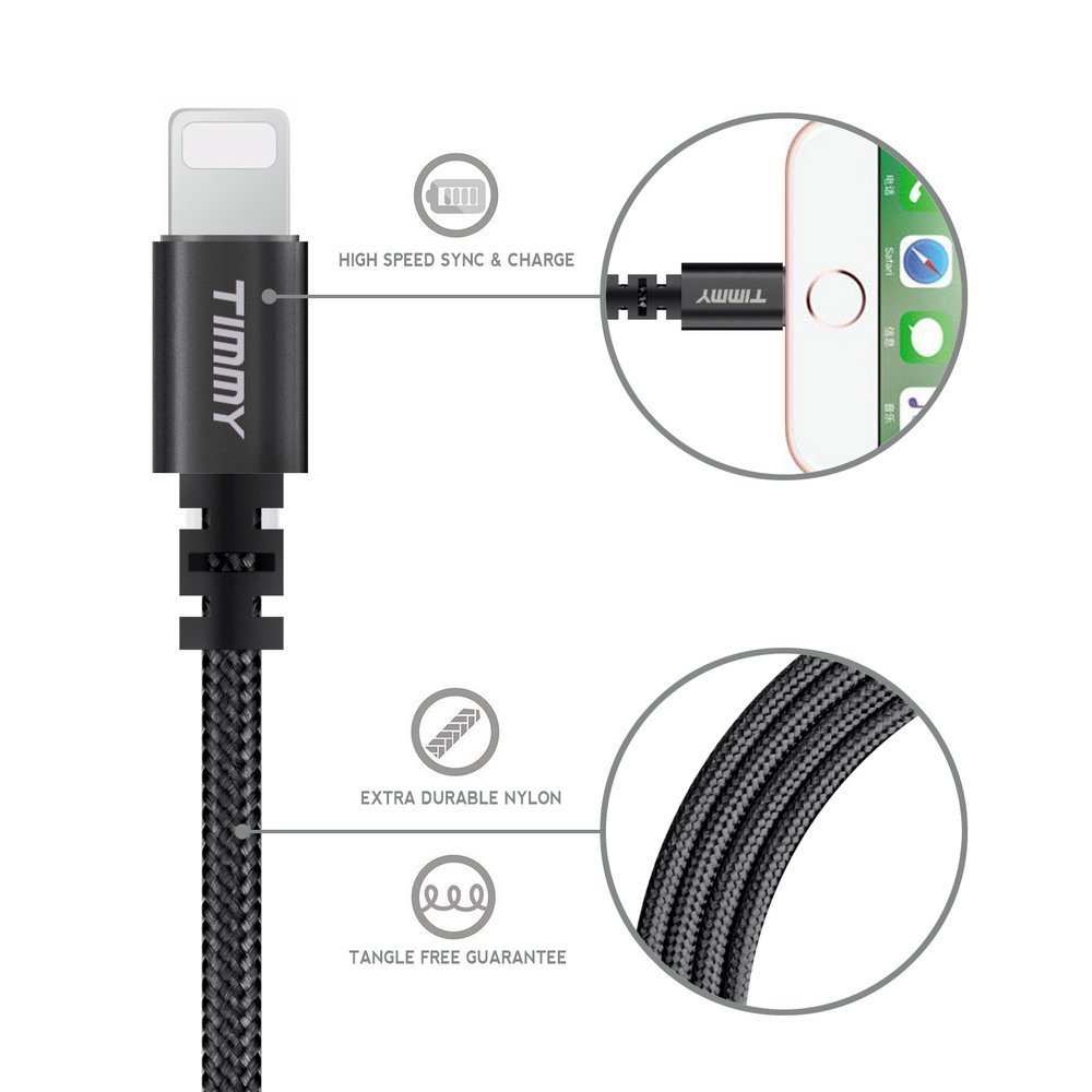 Lightning cable TIMMY 3Pack 6FT Nylon Braided  IPhone Charger certified to charging Cable with charging indictor powerline for iPhone 5/5C/5S/6S/6S PLUS/7/7 plus, iPad Air, and more (Black)