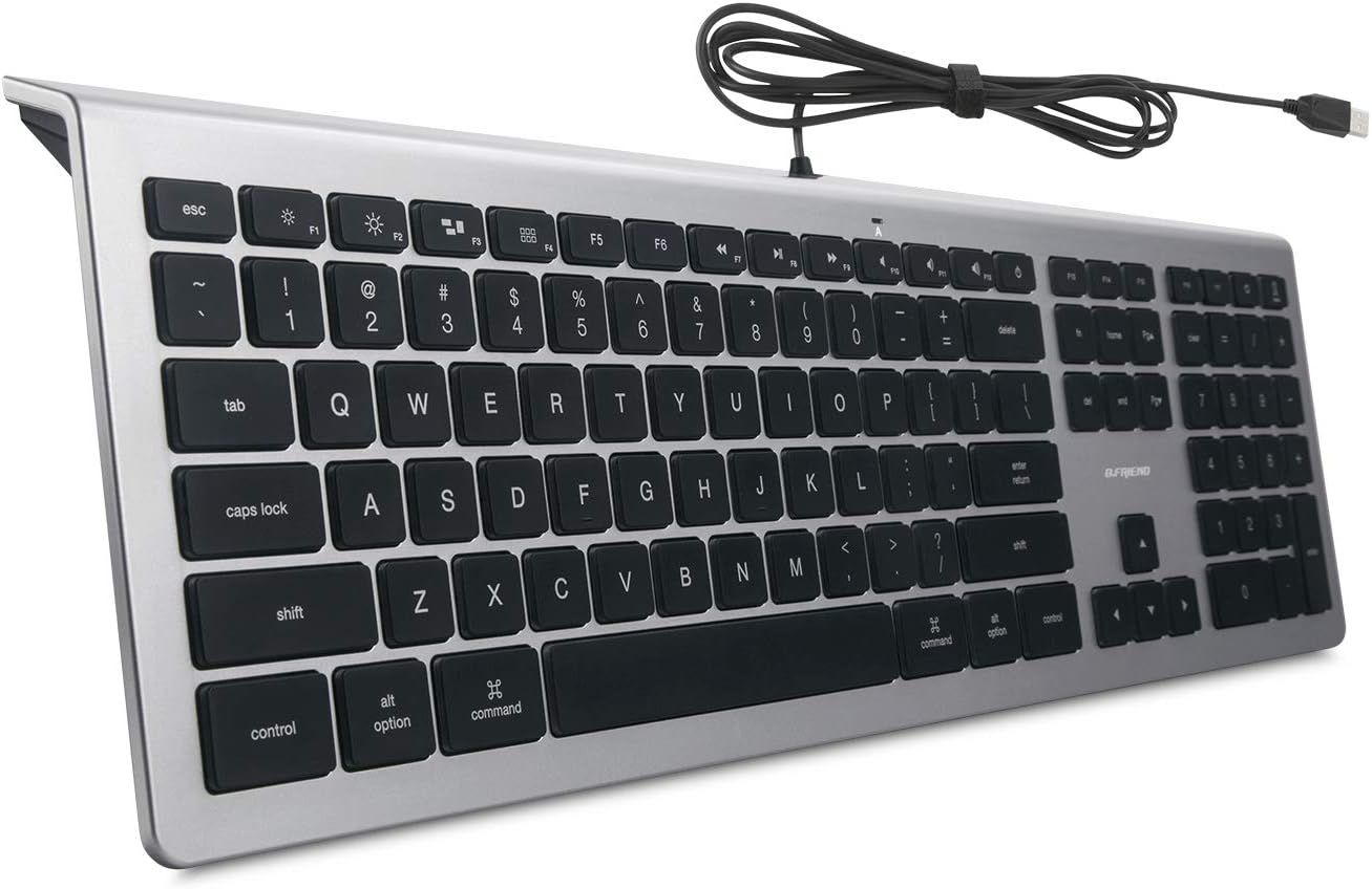 BFRIENDit Wired USB Mac Keyboard, Quiet LED Backlit Chocolate Keys, Durable Ultra-Slim Wired Computer Keyboard for PC, Windows 10/8 / 7 / Vista, Mac OS - Silver/Black