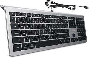 BFRIENDit Wired USB Mac Keyboard, Quiet LED Backlit Chocolate Keys, Durable Ultra-Slim Wired Computer Keyboard for PC, Windows 10/8 / 7 / Vista, Mac OS - Silver/Black