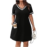 Verdusa Women's Plus Size A Line T Shirt Dress Short Sleeve V Neck Tunic Dresses Casual Outfits