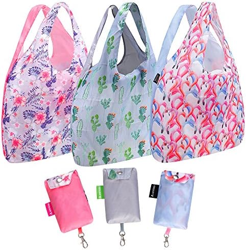 Avery Barn 3pc Reusable Grocery Bags Foldable Totes for Groceries, Produce, &amp; Vegetables - Heavy Duty, Washable, Durable, and Lightweight Shopping Bags with Attached Pouch - Cactus Print Set