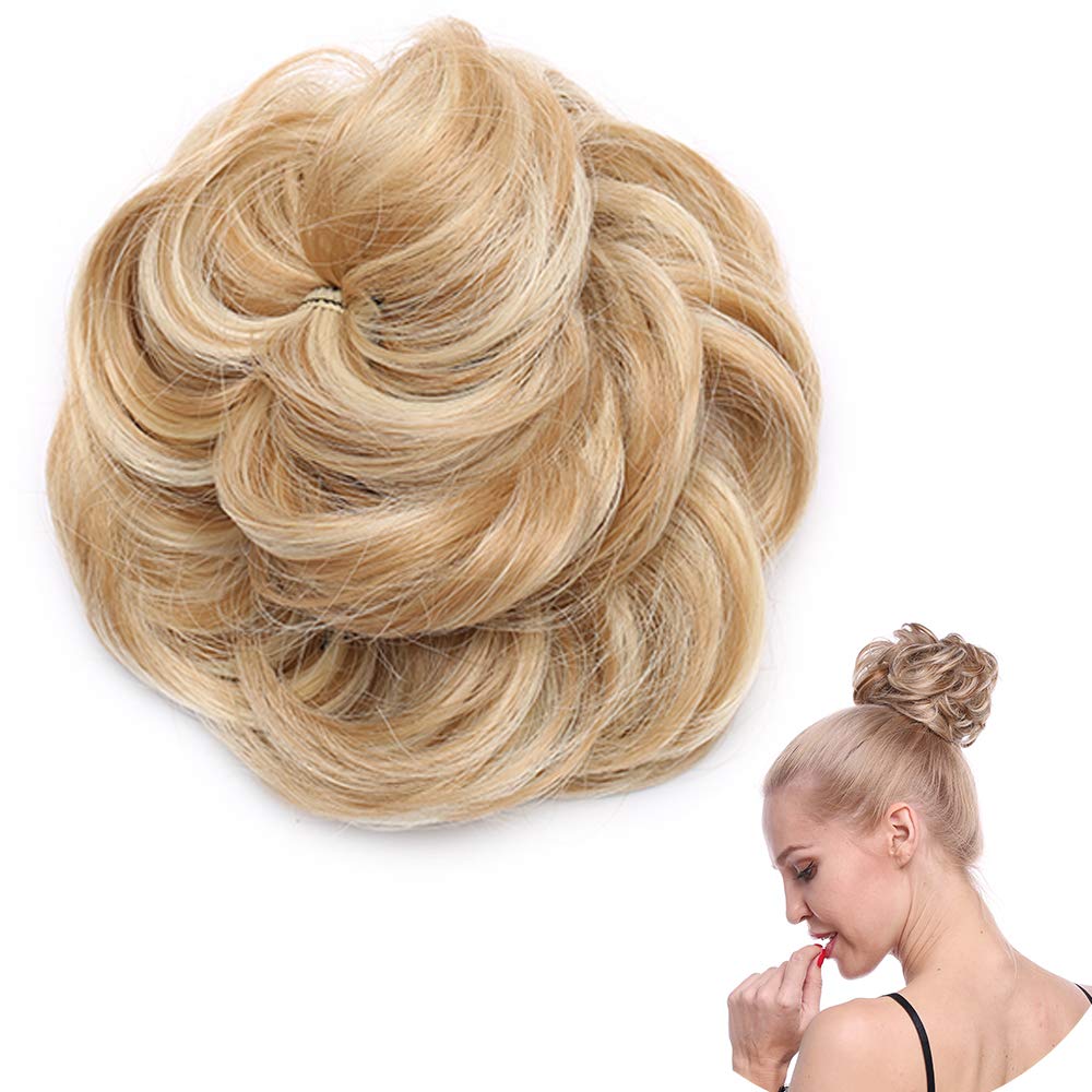SEGO Hairpiece Bun Scrunchie Scrunchy Hair Extensions Synthetic Donut Curly Messy Chignon Ponytail Wavy - Light Auburn & Bleach Blonde(40g)