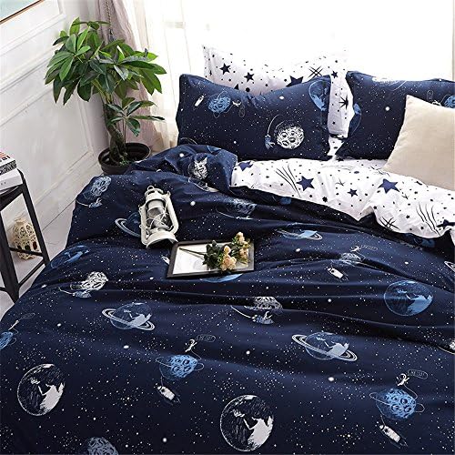 YEVEM Soft Children Duvet Cover Set Queen Space Stars Print Reversible Blue White Boys Girls 3 Pieces Bedding Set with 2 Pillow Shams Best Bedding Gifts for Kids Teens, Full/Queen Size, Style 3