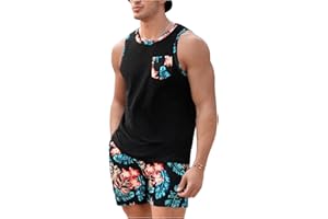 GORGLITTER Men's 2 Pieces Set Floral Print Elastic Waist Shorts Sleeveless Tank Top Outfit Tracksuit