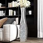 SHYFOY 36" Tall Crushed Diamond Floor Vase Silver Mirrored Tall Vases for Floor Large Crystal Decorative Glass Standing Vase Luxury for Home Decor Living Room Office Bedroom Kitchen