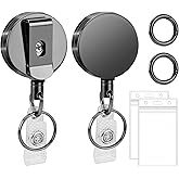2 Pack Heavy Duty Retractable Badge Reels Metal Retractable Badge Holder with Carabiner, Keychain, Belt Clip and Vertical ID Card Holders 27.5" Steel Cord, Black