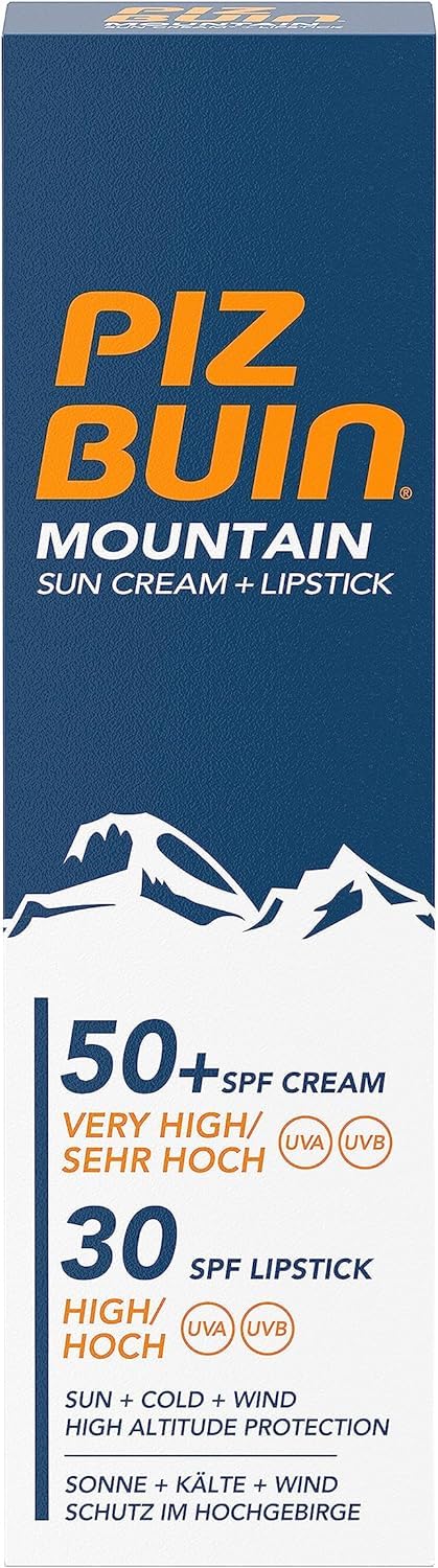 Piz Buin Mountain Face Suncream SPF 50+ and Lipstick SPF 30 2-in-1 (20ml), Facial Sunscreen with UVA/UVB Protection, Intensely Nourishing Lipcare for Harsh Weather Conditions