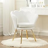 Czlolo Sherpa Vanity Chair with Back, Mid-Century Modern Small Accent Chair for Living Room, Golden Metal Legs Upholstered Bo