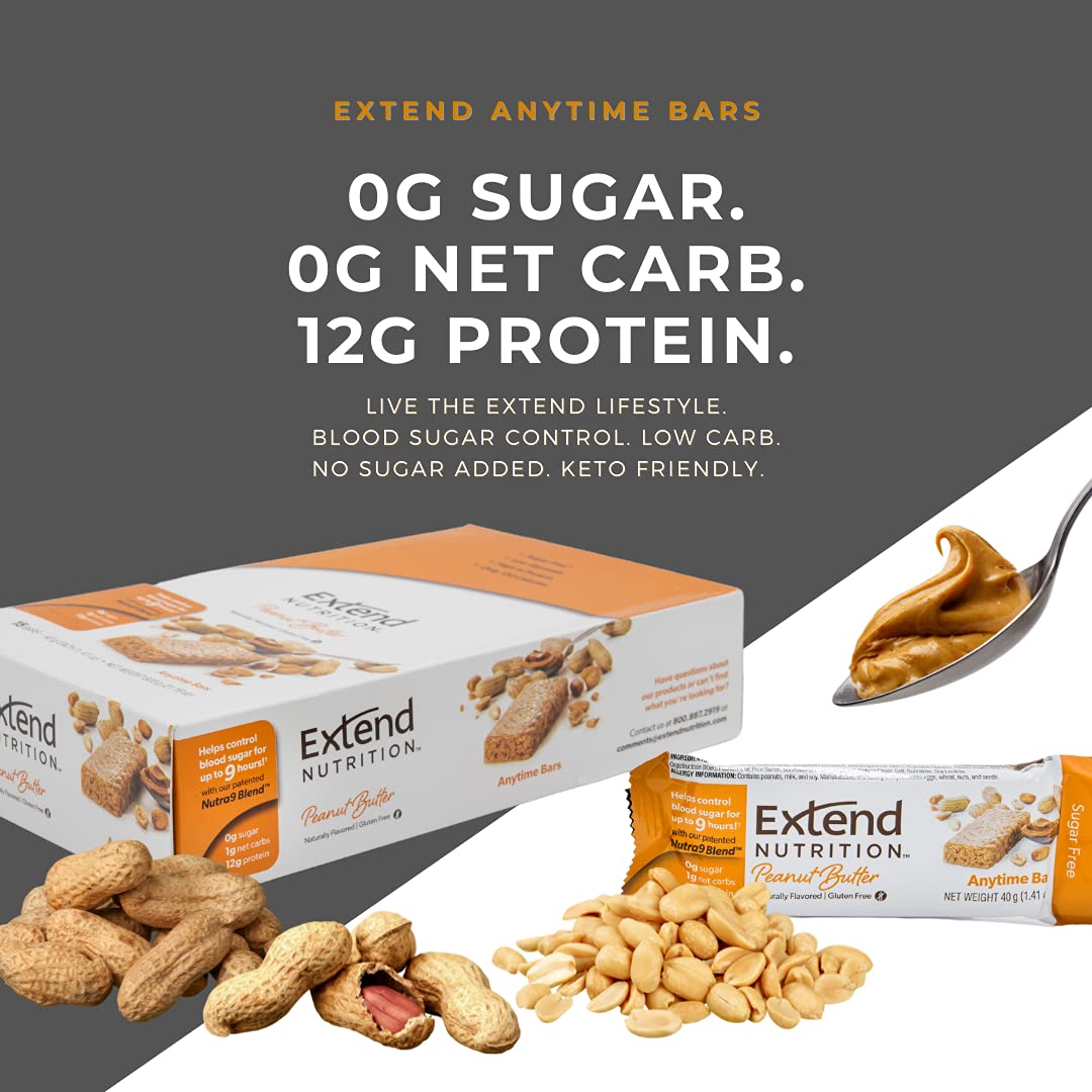 Extend Nutrition Sugar Free High Protein Bars, Perfect Diabetic Snacks for Adults and Kids, High Protein Bars for Hunger Control and Steady Energy, Low Carb, Keto Friendly, Peanut Butter, 15 Count