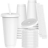 OZMOJOO 24 oz Plastic Cups With Lids and Straws, Sturdy & Food-Safe Iced Coffee Cups With Lid, Plastic Tumbler Reusable, Drinking Cups for Cold Drinks, Milkshakes, Smoothies - White(12 Sets)