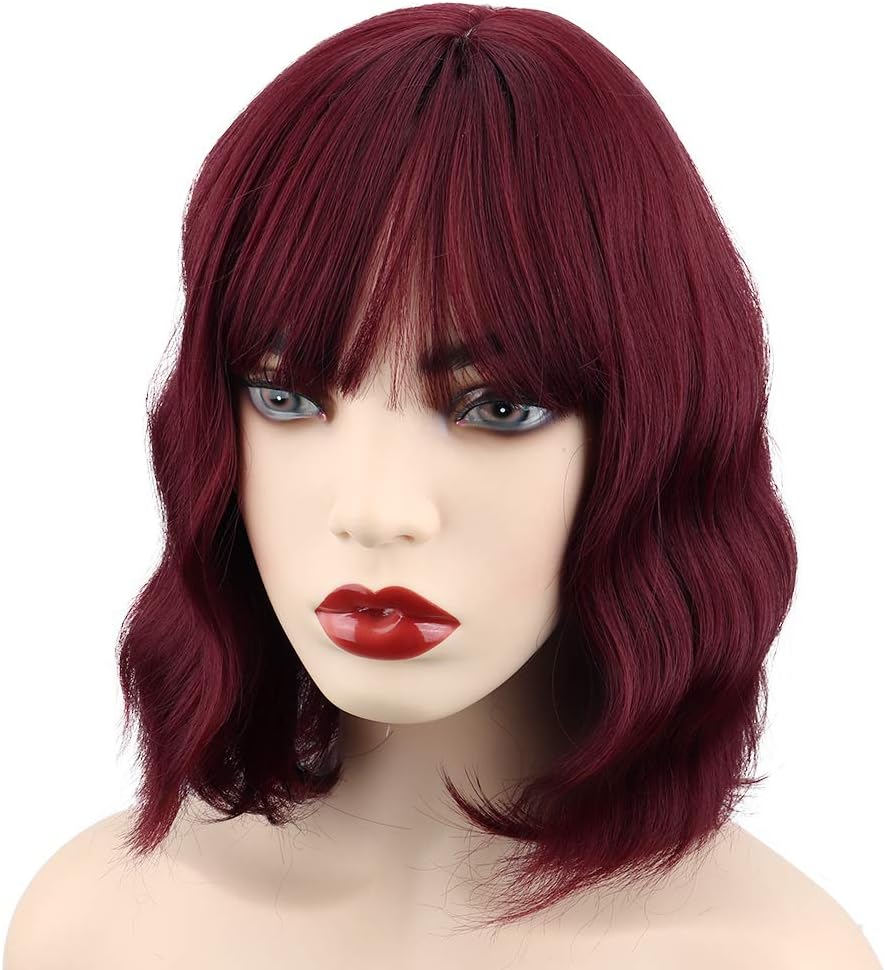YEESHEDO Short Bob Wigs for Women Natural Curly Wigs with Fringe Bangs Heat Resistant Hair Fiber for Daily Use or Cosplay Party 16" (Wine Red) - Image 5