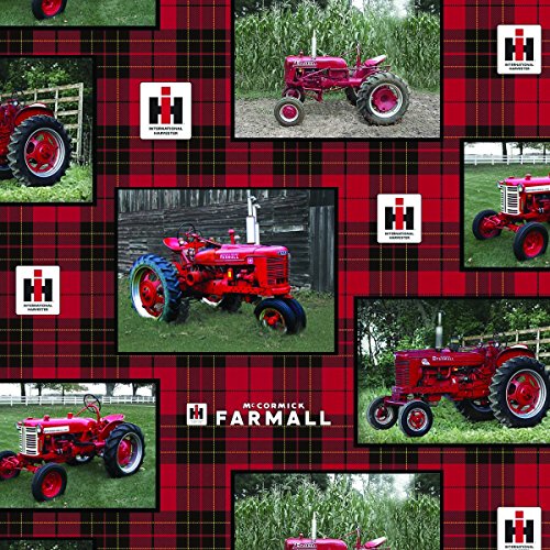 FARMALL TRACTOR PLAID ALLOVER COTTON FABRIC-INTERNATIONAL HARVESTER FARMALL TRACTOR COTTON FABRIC SOLD BY THE YARD