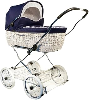 Eichhorn SEN-WW-K041-RF-EVA Weidenkorbkinderwagen mit Lederriemengestell Korb Weide weiß, EVA-Rad, Stoff marineblau