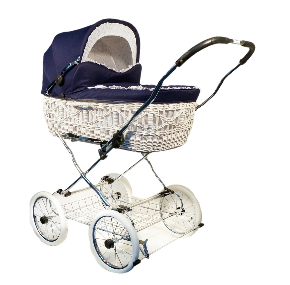 Eichhorn SEN-WW-K041-RF-EVA Weidenkorbkinderwagen mit Lederriemengestell Korb Weide weiß, EVA-Rad, Stoff marineblau