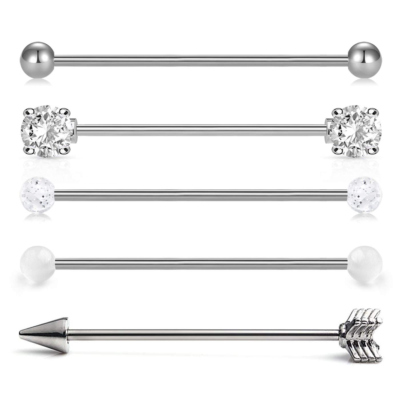 VCMART 4pcs 316L Surgical Steel Industrial Piercing Bars Set 38mm 14 Gauge Jewellery Silver
