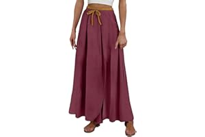 Cotton Linen Skirt-Pants Women Wide Leg Boho Embroidery Lounge Pants Pocket Elastic Waist Drawstring Summer Beach Resort Wear