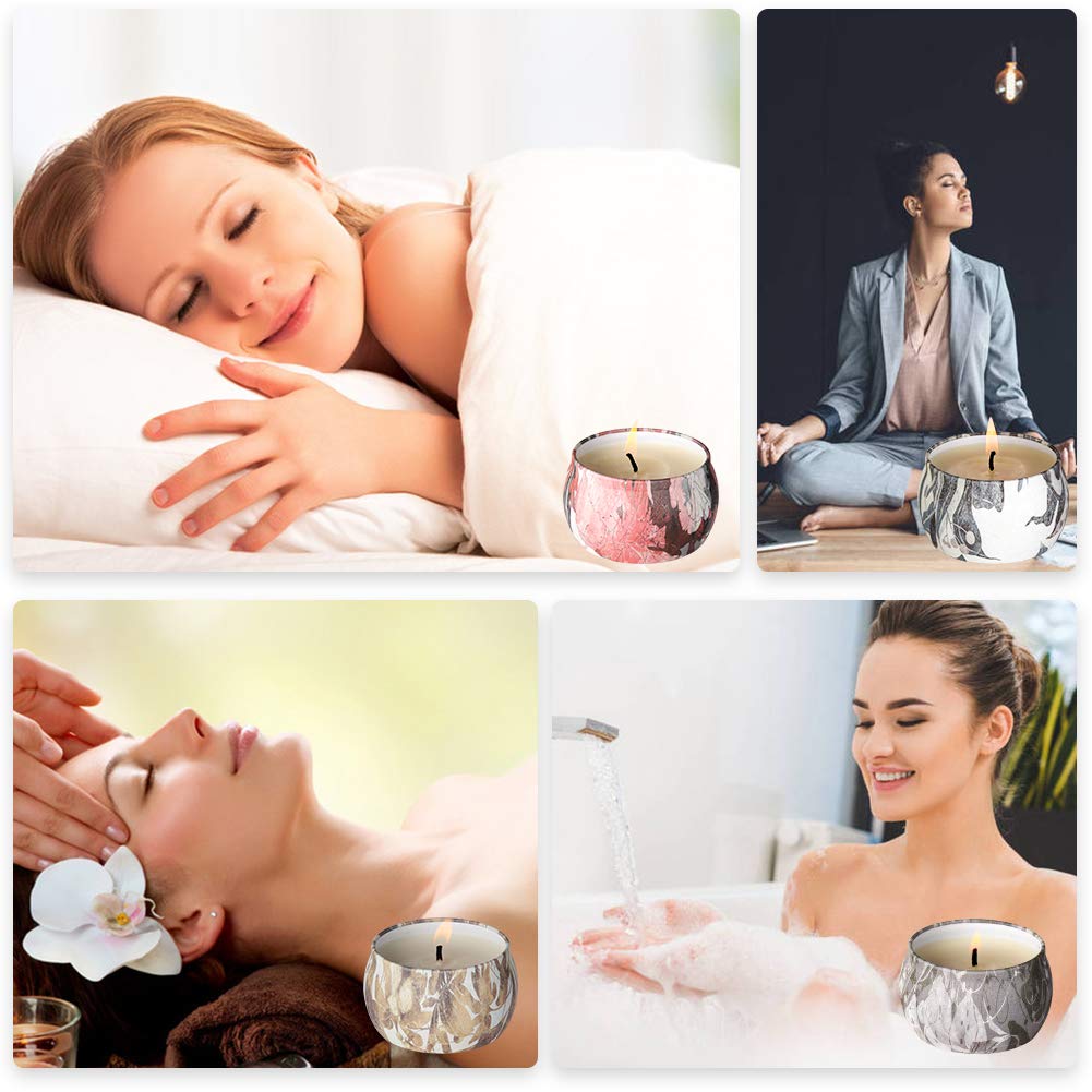 ARINO Scented Candles Gift Set 4pcs 120 Hours Burning Time Aromatherapy Candle Iron Pots Natural Wax Flavors of Rose Lemon Lavender Fig for Relax Sweet Dream and Clean Air (1)