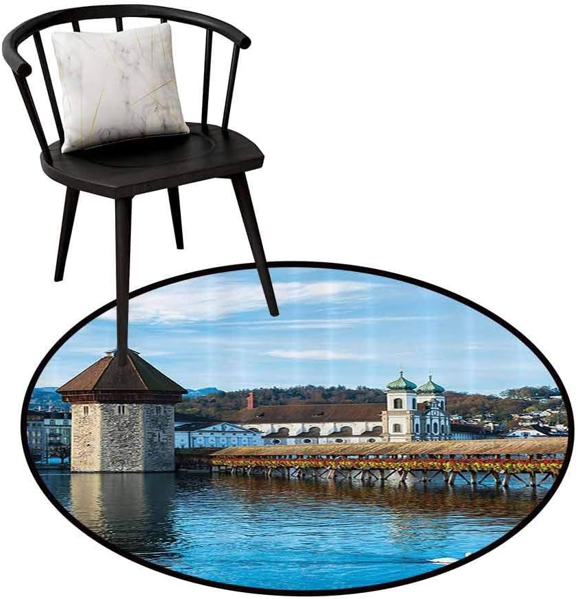 Anti-dust Round Rug Apartment Decor for Bathroom Panoramic View of Oak Chapel Bridge in Northern Lands Lake European Aged City Print Blue Brown D31(80cm)