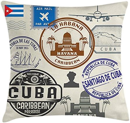 Happy Sunday Havana Throw Pillow Cushion Cover, Travel Concept Passport Stamp Design of Cuban Cities and Landmarks, Decorative Square Accent Pillow Case, 18" X 18", Cobalt Blue Grey and Dimgrey