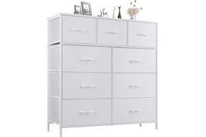 DUMOS Dresser for Bedroom, Storage Organizer with 9 Drawers, Chest of Drawers with Fabric Bins, Sturdy Metal Frame, Wood Tabletop for Guest Room, Closet, Entryway, Nursery