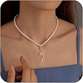 YienDoo Boho Pearl Necklace Chain Vintage Gold Snake Cobra Pendant Necklace Statement Pearl Strand Choker Serpent Charm Necklace Minimalist Pearl Necklace Jewelry for Women
