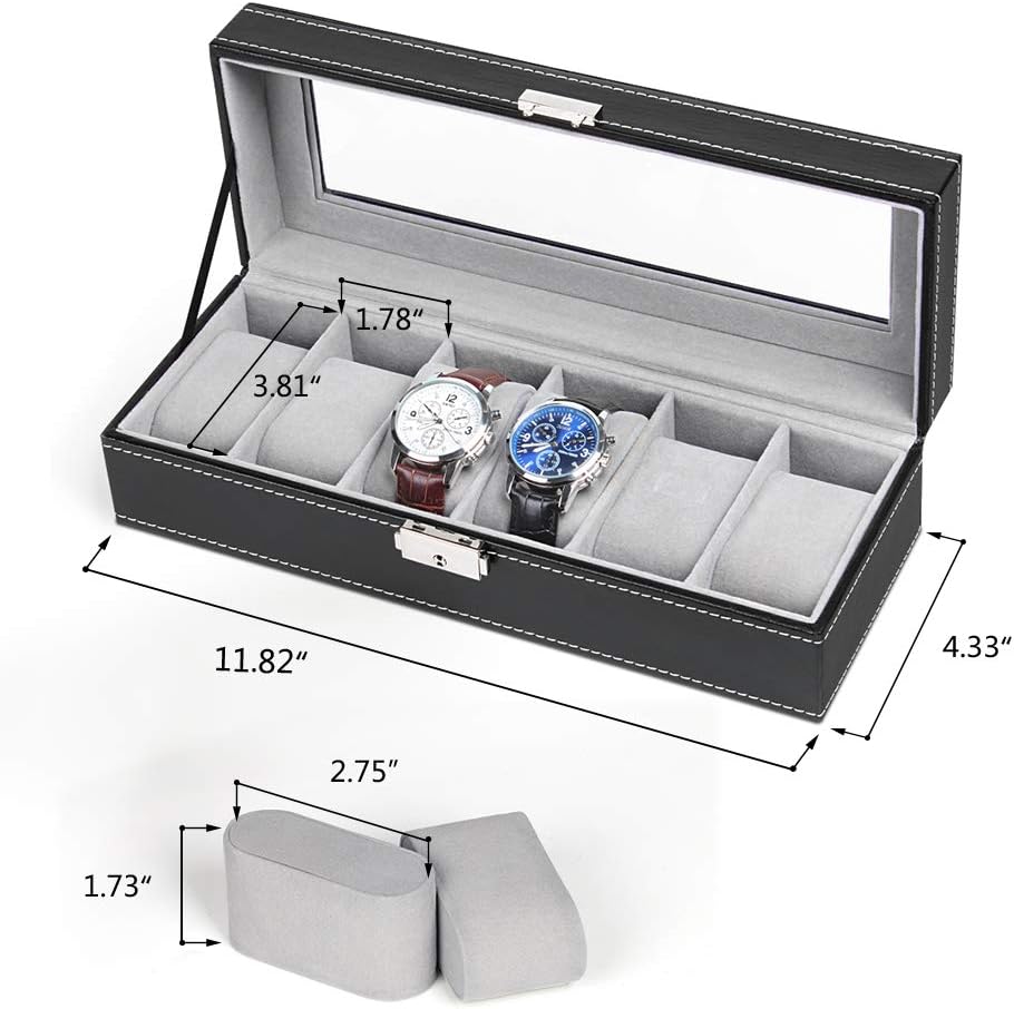 NEX 6 Slot Leather Watch Box Display Case Organizer Glass Jewelry Storage Black: Home & Kitchen