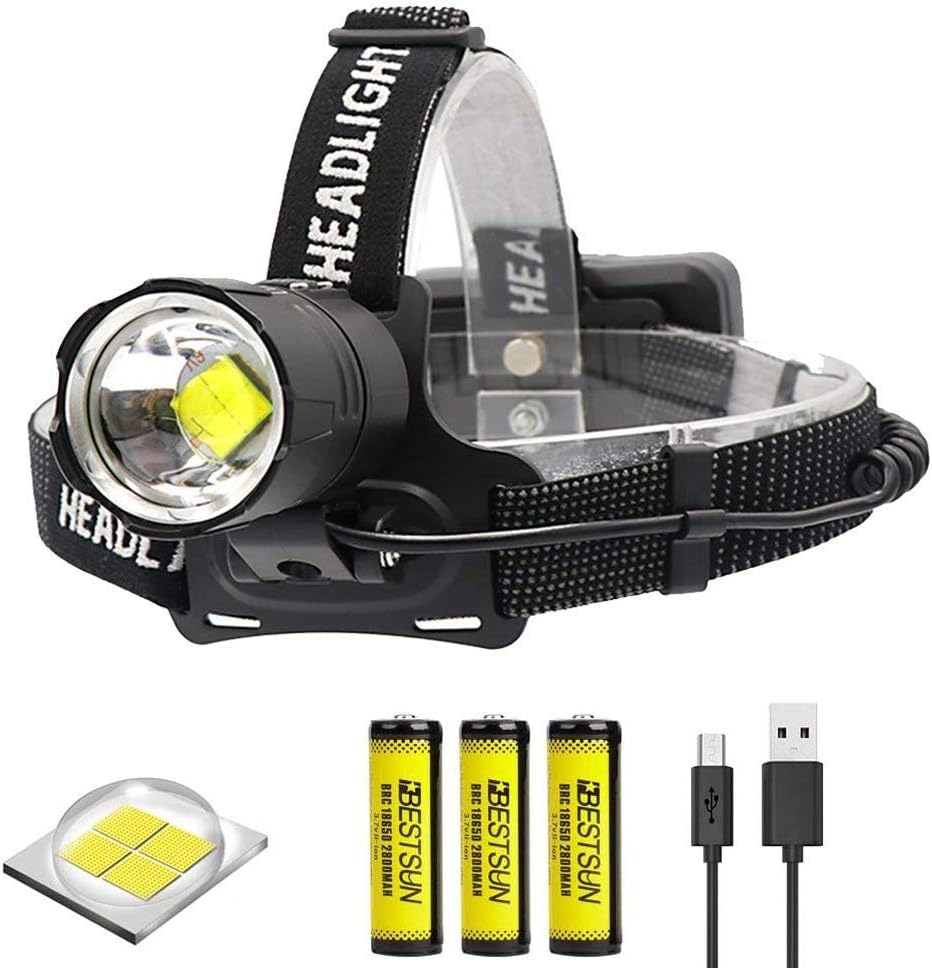 BESTSUN XHP70 LED Head Torch Rechargeable, 10000 Lumens Work Head Torches LED Super Bright Zoomable Headlight High Power Headlamp for Caving Hunting Fishing