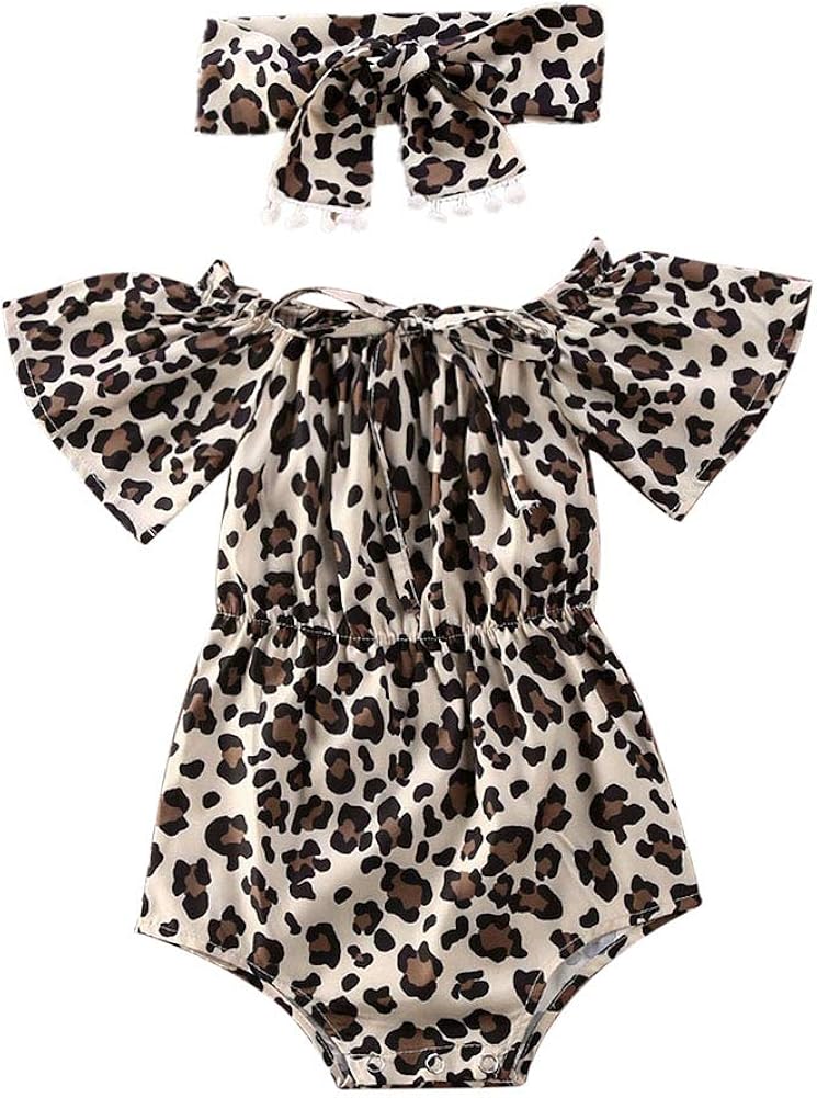 2Pcs Newborn Baby Girl Leopard Ruffles Sleeve Bodysuits Jumpsuit Headband Clothes Romper Set