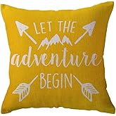 ULOVE LOVE YOURSELF Adventure Arrow Throw Pillow Covers Mountain Forest Pillowcases 18 x 18 Inch Let The Adventure Begin Decorative Cushion Covers for Cabin/Camper (Yellow)