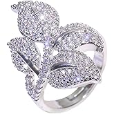 Kokoma Elegant Cubic Zirconia Leaf Statement Ring for Women, Adjustable Crystal Rhinestone Band Wedding Ring Engagement Promise Rings Dainty Jewelry