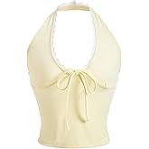 winkbay Women's Summer Tie Front Halter Top Y2k Lace Backless Deep V Neck Cute Going Out Tops