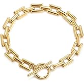 WISTIC Chunky Gold Bracelet for Women, 8.0 inches Statement Cuban Link Bracelet with Toggle Clasp, 14k Gold Plated Lock Square Bracelets