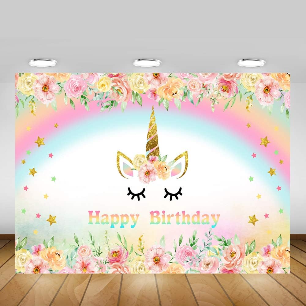 Mehofoto Unicorn Flower Backdrop 7x5ft Happy Birthday Theme Rainbow and Rose Photo Backdrops Twinkle Star Birthday Party Photography Background - Image 4