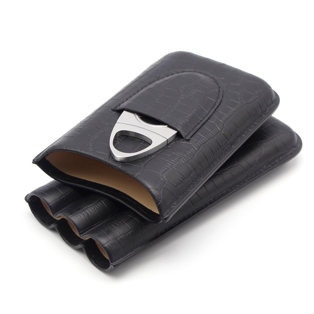GALINER 3ct Cigar Case, Genuine Leather Cigar Travel Case Humidor with Cigar Cutter (Black)