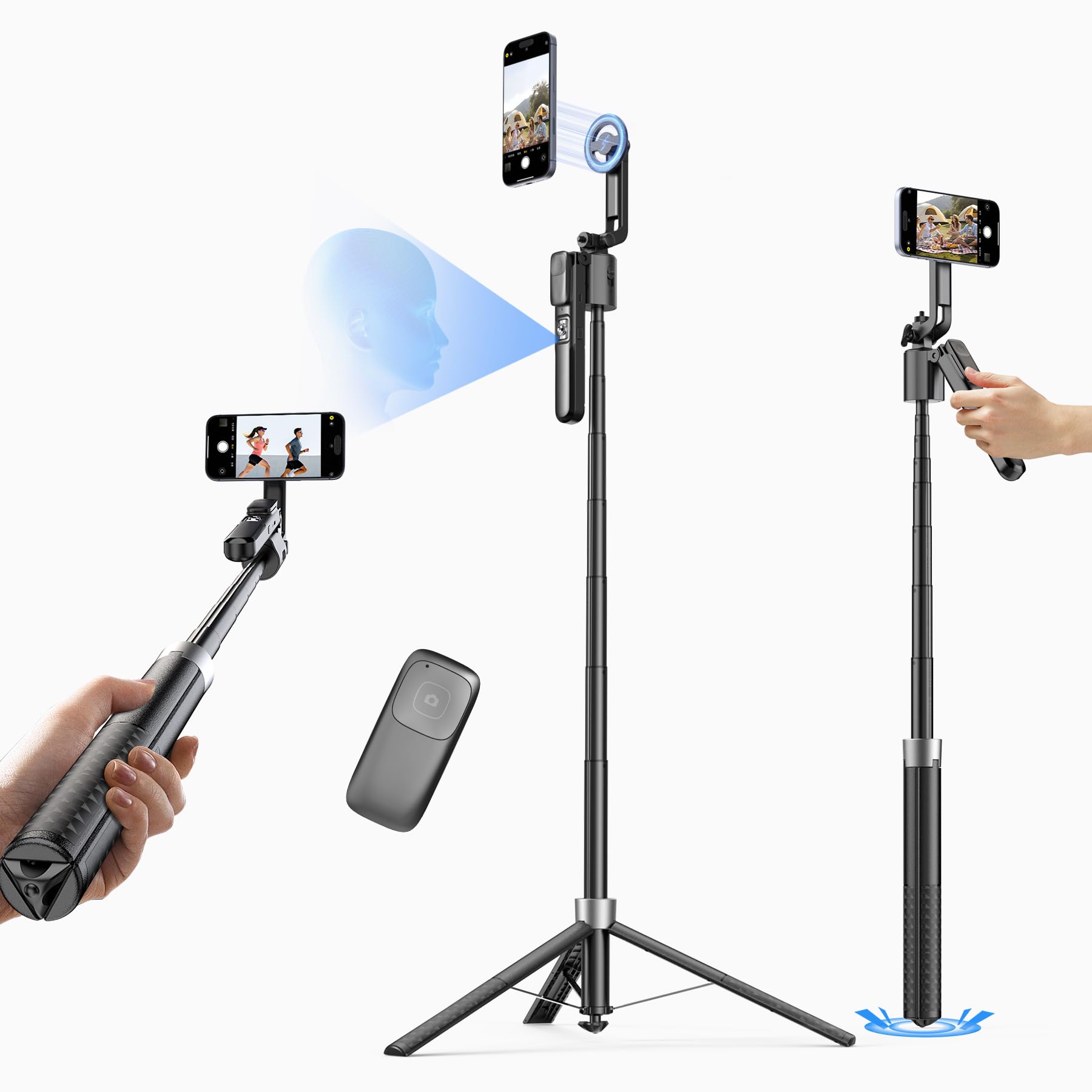 Magnetic Auto Face Tracking Tripod, 70.9” Magsafe Phone Tripod with 360°Rotation 5-Gesture Control, Wireless Remote, Magnetic Mount, Ideal for Vlogging, Live Streaming, Travel and Content Creation