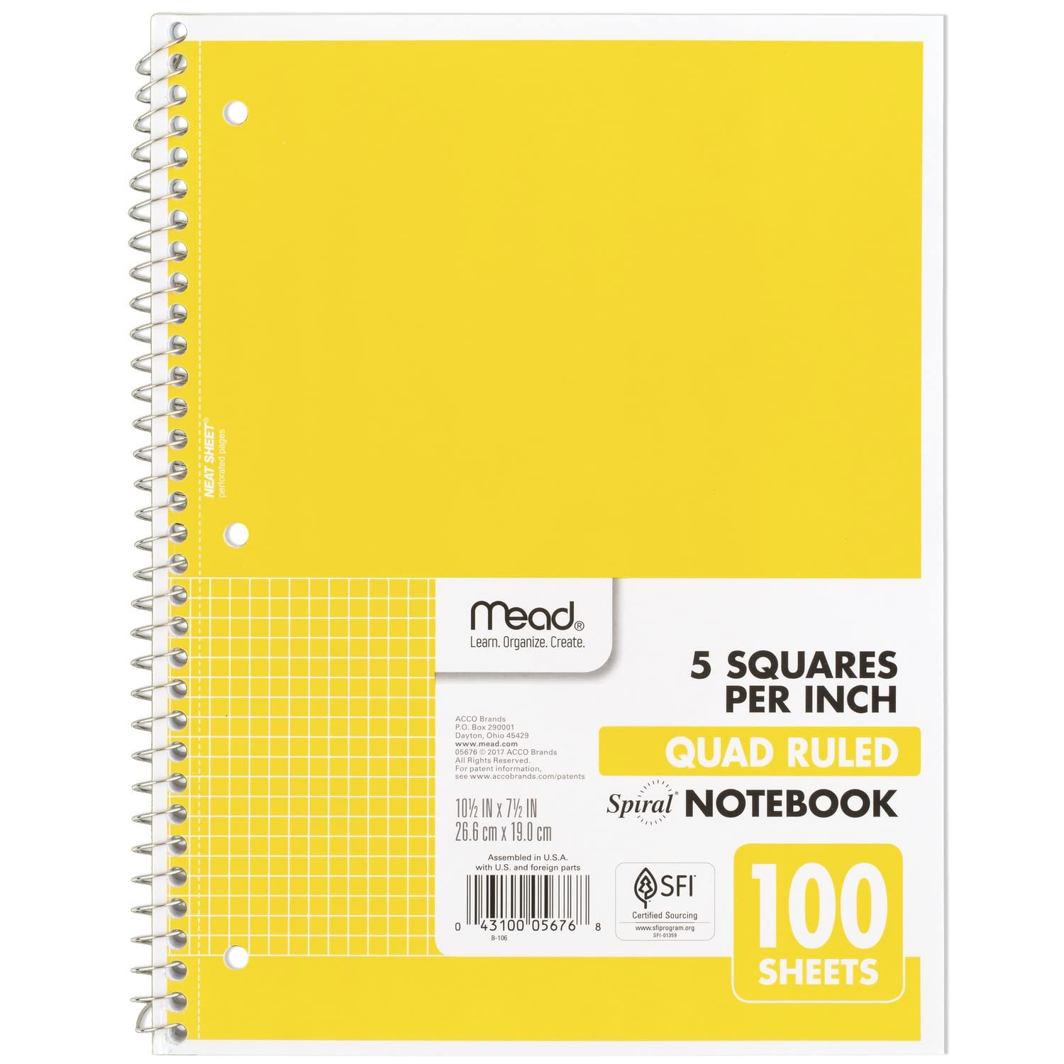 Mead Spiral Notebook, 1 Subject, Graph Ruled Paper, 7-1/2" x 10-1/2", 100 Sheets, Yellow (05676AZ7)